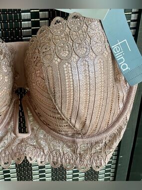 Paramour by Felina | Underwire Shimmer Lace Plunge Demi 34 DD ROSE TAN SHIMMER